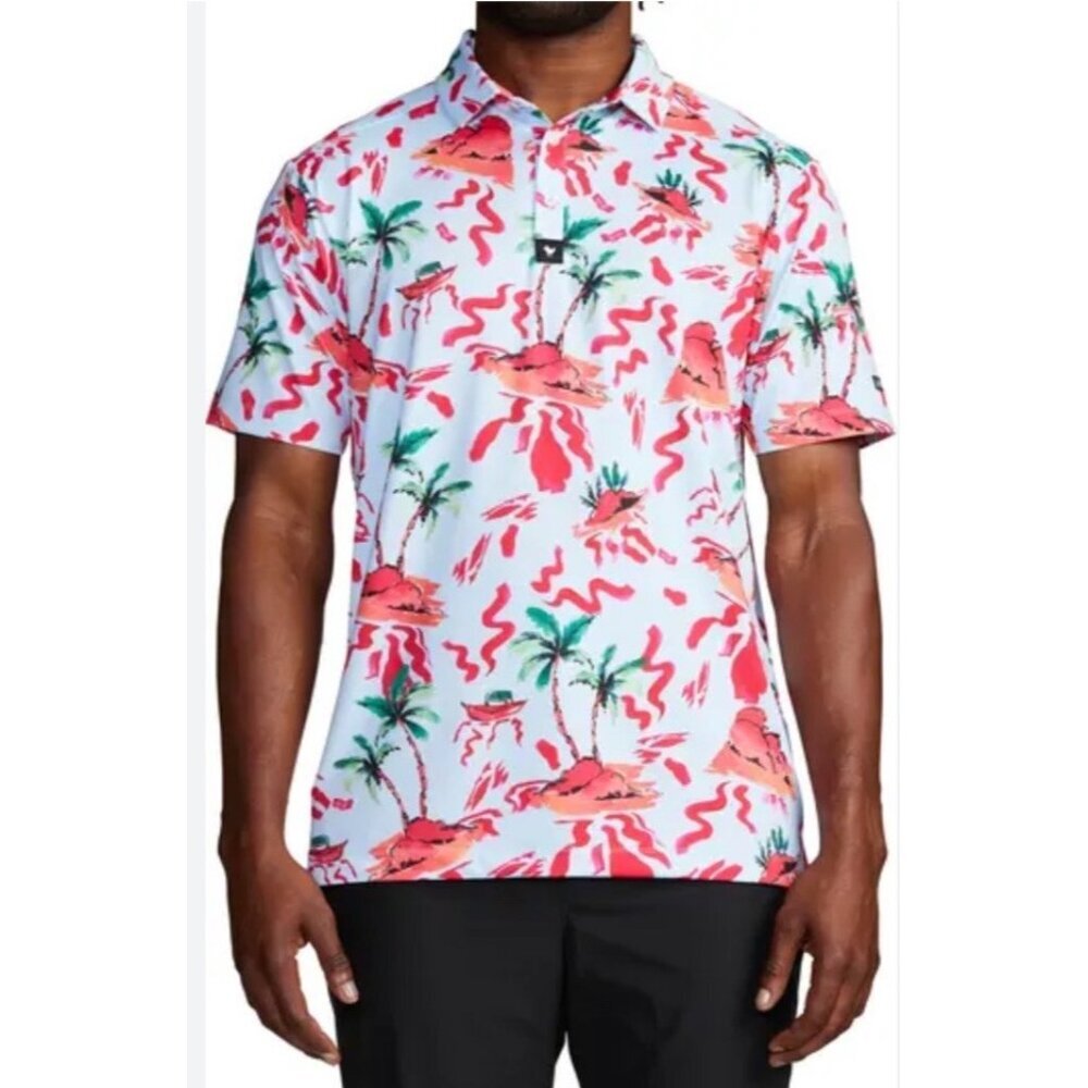 Bad‎ Birdie Golf Polo Hawaiian Volcano Tropical Performance Shirt Sz L Red Rocks